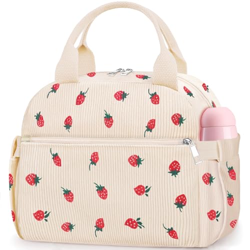 KUBYA Lunch Box for Women, Cute Strawberry Corduroy Insulated Lunch Bag Women Reusable Work Leakproof Simple Adults Large Lunch Boxes Tote Bag Men Cooler Bag - color: B-A-Corduroy Strawberry, size: Medium - 10L