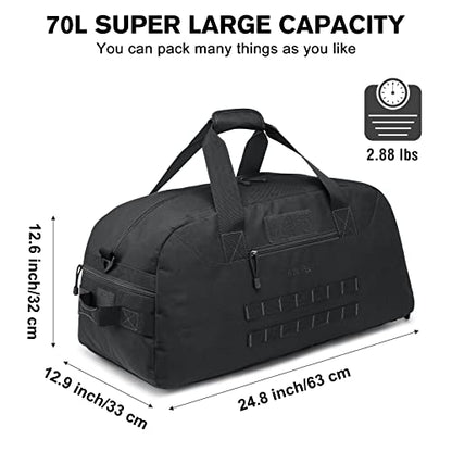 G4Free 70L Large Tactical Duffle Bag Men Sports Gym Backpack with Shoes Compartment Military MOLLE Duffel Backpack ( Black) - color: Black