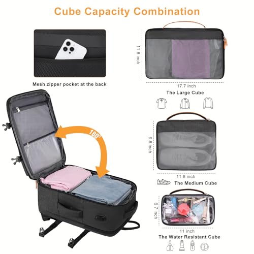 MOSISO 40L Travel Backpack for Women&Men, Flight Approved Carry on Daypack with USB Charging Port&3 Packing Cubes, 17-17.3 inch Expandable Suitcase Laptop Backpack for Office Work Travel, Black