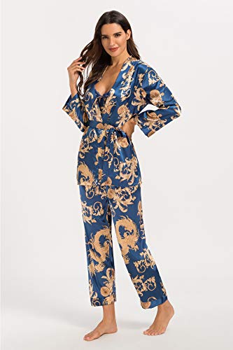 Escalier Women's Silk Satin Pajamas Set 3 Pcs Floral Silky Pj Sets Sleepwear Cami Nightwear with Robe and Pant - color: Navy, size: Medium