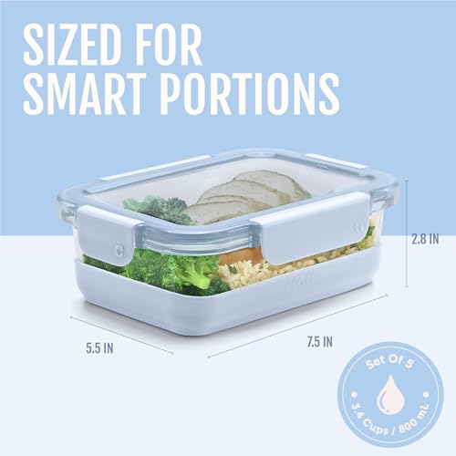 Ello Duraglass 3.4 Cup Meal Prep Sets 10Pc, 5 Pack Set- Glass Food Storage Container with Silicone Boot and Airtight BPA-Free Plastic Lids, Dishwasher, Microwave, and Freezer Safe, Halogen Blue - color: Halogen Blue with Boot