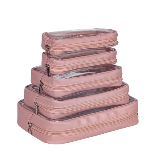 Remobia Hicol TSA Approved 5-Piece Diaper Bag Organizer Pouch Set Clear Waterproof TPU Kids Toiletry Storage Set Travel Packing Clutch Cube Bags for Baby Nursing (Light Pink Leather) - color: Light Pink Leather