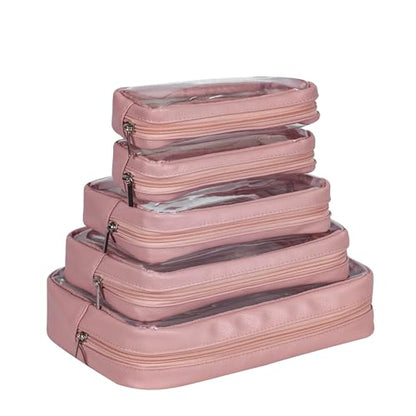Remobia Hicol TSA Approved 5-Piece Diaper Bag Organizer Pouch Set Clear Waterproof TPU Kids Toiletry Storage Set Travel Packing Clutch Cube Bags for Baby Nursing (Light Pink Leather) - color: Light Pink Leather
