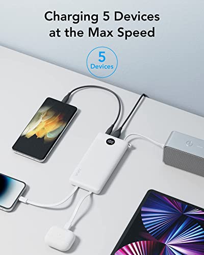 VRURC Portable Charger Built in Cables, Slim Power Bank 10000mAh, Multi Devices Charging Bank with Lanyard, USB C Battery Pack 5 Outputs for for All Cell Phones Devices, Samsung,Android-White(1 Pack) - color: White