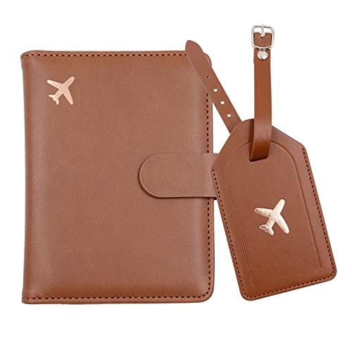 Melsbrinna Rfid Passport Holder for Travel women/Men Set Travel Suitcase Tag, Cute Passport Wallet Rfid Blocking Card Slots, Rfid Passport Cover/CaseTravel Wallet (Brown) - color: Brown