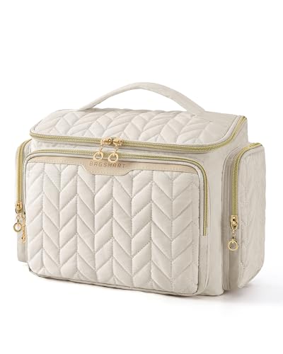 BAGSMART Travel Toiletry Bag, Large Wide-open Travel Bag for Toiletries, Makeup Cosmetic Travel Bag with Handle-Beige - color: Beige