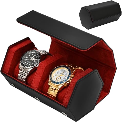Leather Watch Roll for 2 Watches - Velvet-Lined Travel Case, Luxury Watch Rolls Organizer with Storage & Display for Men (2 Slot-Black/Red) - color: 2 Slot-Black/Red