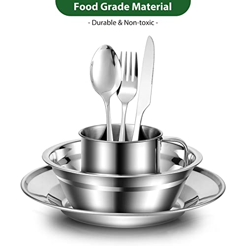 Odoland 29pcs Stainless Steel Utensils Camping Mess Kits with Bowls Plates Cups Forks Spoons and Knives for 4, Camping Cutlery Set for Backpacking, Outdoor Hiking and Picnic