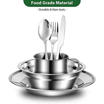 Odoland 29pcs Stainless Steel Utensils Camping Mess Kits with Bowls Plates Cups Forks Spoons and Knives for 4, Camping Cutlery Set for Backpacking, Outdoor Hiking and Picnic
