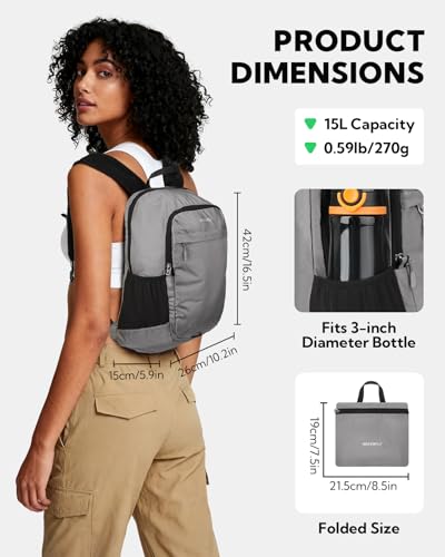 WATERFLY Packable Lightweight Small Backpack: 15L Foldable Mini Hiking Daypack - Ultralight Compact Day Pack for Women Men Outdoor Travel Camping Walking - Gray - color: Grey