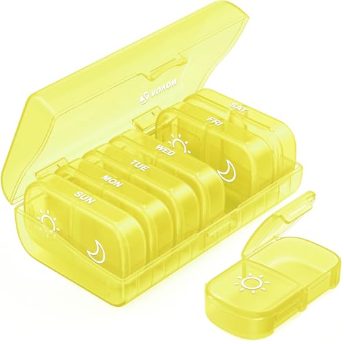 AUVON XL Weekly Pill Organizer 2 Times a Day, Pill Box 7 Day with One-Side Large Openings for Easy to Use, Black Privacy Protection AM PM Pill Case for Medication, Vitamins, Fish Oils, Supplements - color: Light Yellow