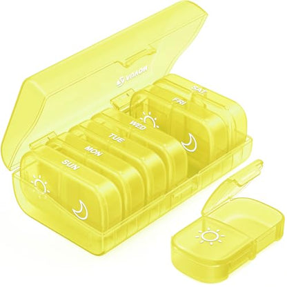 AUVON XL Weekly Pill Organizer 2 Times a Day, Pill Box 7 Day with One-Side Large Openings for Easy to Use, Black Privacy Protection AM PM Pill Case for Medication, Vitamins, Fish Oils, Supplements - color: Light Yellow