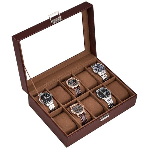 ProCase Watch Box, 10 Slot Mens Watch Case, Watch Storage Holder Organizer, Watch Display Case with Glass Lid, Anniversary Birthday Valentine Gifts for Men Women -10 Slot, Espresso - color: Espresso, size: 10-Slot