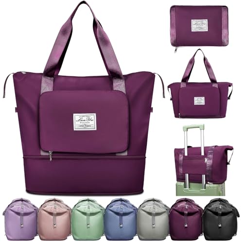Ranslen Large Capacity Folding Travel Bag,Expansion Travel Duffel Bag with Dry and Wet Separation Portable Travel Duffel Bag - color: Fuchsia