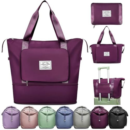 Ranslen Large Capacity Folding Travel Bag,Expansion Travel Duffel Bag with Dry and Wet Separation Portable Travel Duffel Bag - color: Fuchsia