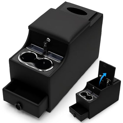 Center Console Between Seat Organizer for Minivans, SUVs, with Phone Holder & Cup Holders for Minivan &SUVs, Middle Van Floor Console Organizer Storage Box- Black