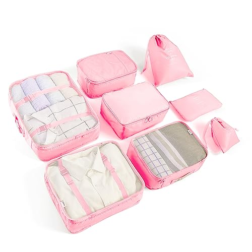 8 Set Packing Cubes for Suitcases Travel Luggage Packing Organizers,Travel Essentials Luggage Organizer Accessories for Shoe Bag Tioletry Bag Laundry Bag (Pink) - color: Pink, size: 8 set