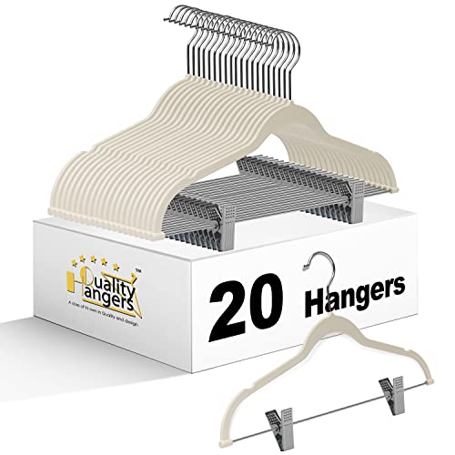 Quality Plastic 20-Pack Non Velvet Non-Flocked Thin Compact Coat Hangers with Metal Clips for Skirts Pants Blouses 360° Swivel Hook (Ivory, 20) - color: Ivory