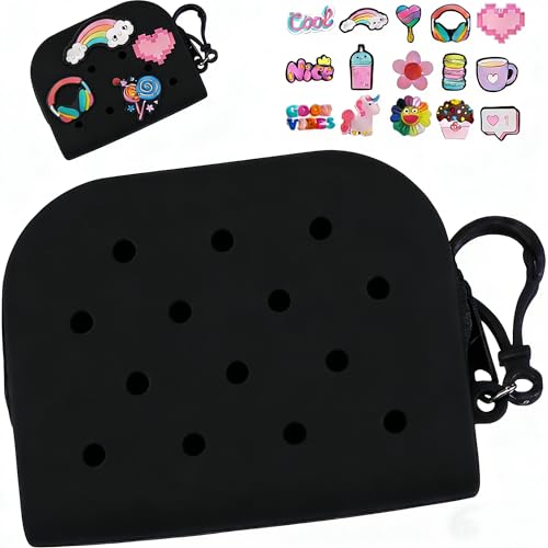 Soft Silicone Mini Coin Purse with Zipper and Cartoon Hole,with 15 pcs DIY Charms. Portable Keychain Pouch Organizer (Black) - color: Black