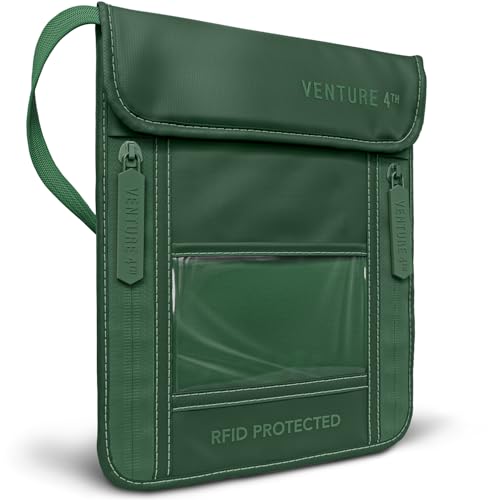 VENTURE 4TH Neck Wallet for Women & Men – RFID Blocking Passport Holder for Travel, Hidden Neck Pouch with 6 Compartments, Slim Lightweight Travel Organizer with Adjustable Strap (Sleek Green) - color: Sleek Army Green