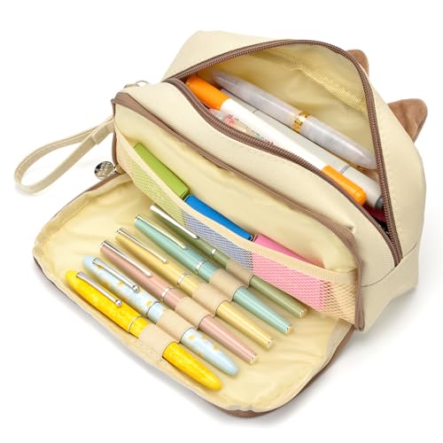 Hongdian Large Capacity Pencil Case, 3D Cat Pen Bags Pencil Pouch Organizer for Office College School - color: Tan