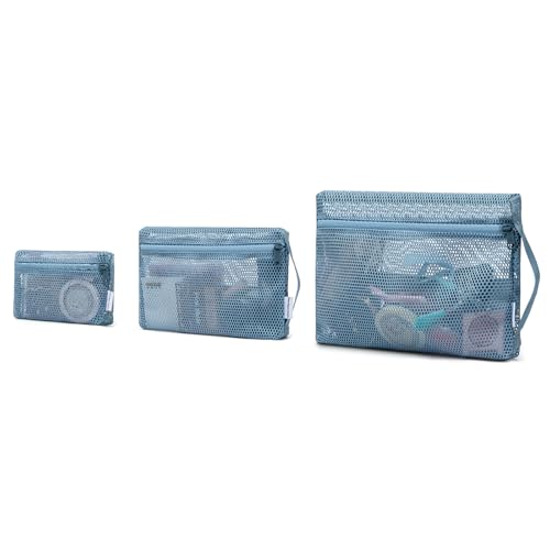 NOL Natural Organic Lifestyle 3-Pack Mesh Travel Toiletry Bags - Clear Zipper Travel Organizer, Airport Carry-On Compliant Reusable Cosmetic Makeup Bag for Women & Men (Dusty blue) - color: Dusty blue