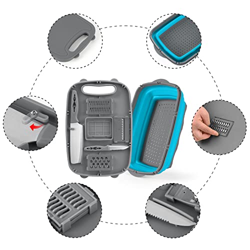 Gintan Collapsible Camping Cutting Board, 9-in-1 Chopping Board with Colander, Kitchen Vegetable Washing Basket for Camping, Camping Gifts Camping Accessories for RV Campers (Blue+Grey) - color: Blue Gray