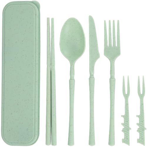 Reusable Travel Utensils Set with Case, Wheat Straw Portable Plastic Fork Spoon Knife Chopsticks Camping Cutlery, Eco-Friendly BPA Free Tableware Picnic Flatware for Kids Adults or Daily Use (Green) - color: Green