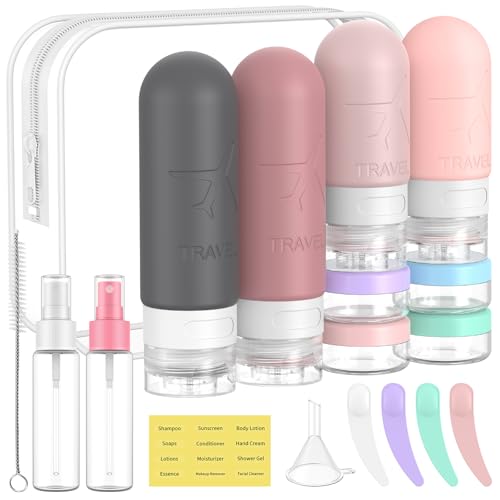 ME.FAN Travel Bottles for Toiletries, 18 Pack TSA Approved Travel Size Containers Set, Silicone Squeezable Portable Split Bottle, Travel Accessories for Conditioner, Shampoo, Lotion - Pink - color: Pink