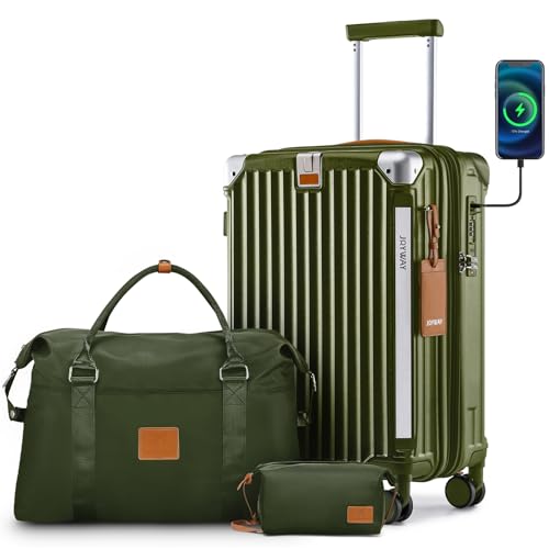 Joyway 20in Carry On Luggage with Cup Holder and USB Port, 25% Expandable Capacity, Smart Suitcase with Anti Slip Wheels and Handbag, Perfect for Men and Women 3 Piece Set DarkGreen - color: DarkGreen, size: Carry-On 20-Inch Handbag