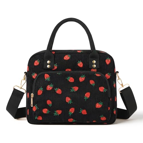 Lunch Bag Large Insulated Lunch Box for Women Adult Cute Pink Strawberry Lunchbox Corduroy Lunch Bags Boxes Pail with Shoulder Strap for Work (Black strawberry) - color: Black strawberry