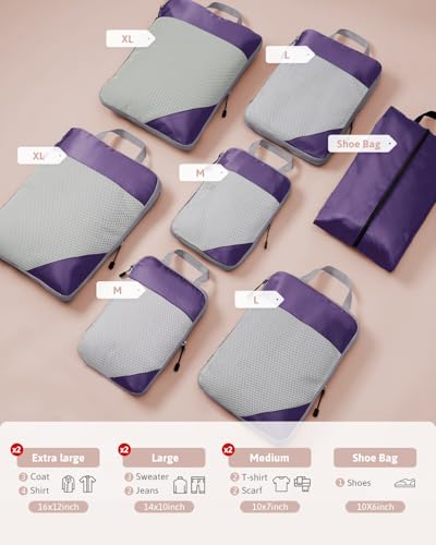 Meowoo 7 Set Compression Packing Cubes for Travel, Durable Ripstop Mesh Suitcase Organizer with Shoe Bag, Ultralight & Expandable Space Saver Travel Cubes - color: Purple