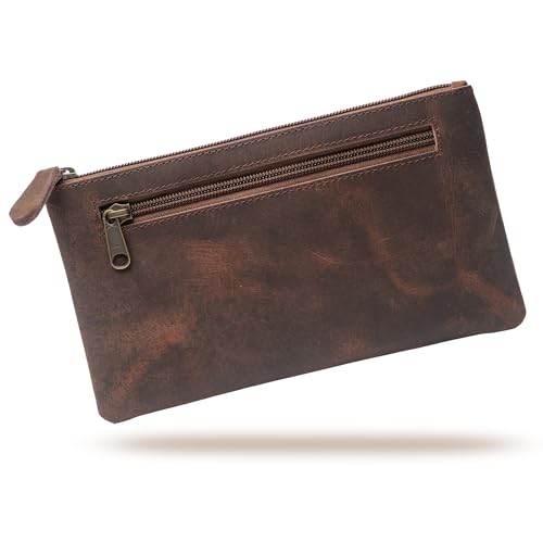 WANDERINGS Genuine Leather Pencil Pouch Case 9" x 5.25" - Hand Crafted Brown Leather Zipper Pouch - Slim Pencil Case Holder for Men and Women - Pencil Bag for Artists Students Professionals - size: Regular (9"x5.25")