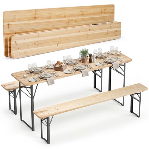 Tangkula 3 Piece Folding Picnic Table with 2 Benches, Foldable Wood Picnic Table Bench Set with Heavy-Duty Metal Frame for 6, Space-Saving Outside Table and Bench Set for Backyard, Patio, Garden