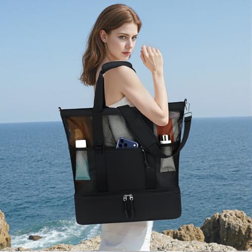 Bluboon Mesh Beach Tote Bag with Cooler Compartment Insulated Detachable Picnic Bag with Zipper and Pocket Pool Bag for Women - color: Black B