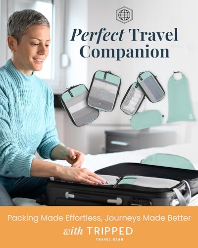 Compression Packing Cubes for Travel by TRIPPED – 6-Piece Premium Set with Laundry & Shoe Bag, Space Saving Travel Organizer Bags for Suitcase & Carry-On Luggage (Dusty Teal Mesh) - color: Dusty Teal Mesh - 6 Piece