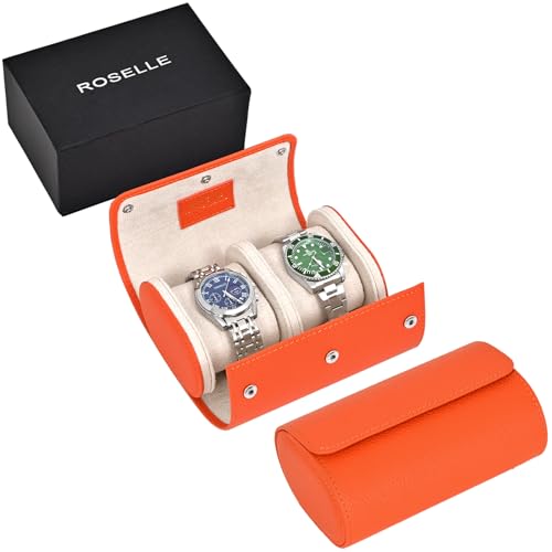 ROSELLE Genuine Leather Watch Roll Travel Case - Watch Roll Case For 2 Watches With Luxury Lining - Protect, Travel,Store and Display Fine Watches(2 Slot Orange) - color: Orange/ White-2