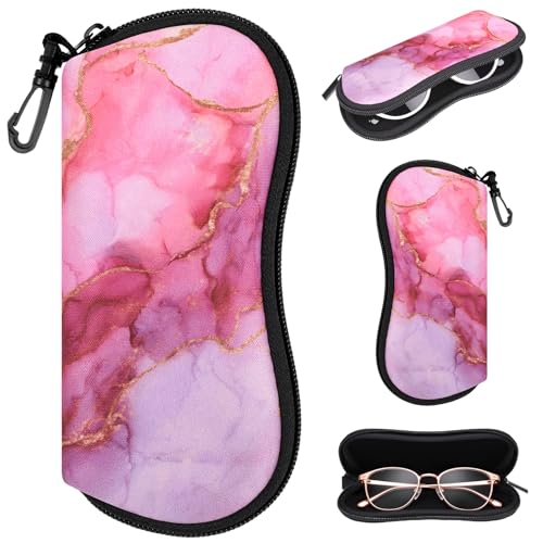 Sunglasses Case with Belt Clip, Ultra Light Neoprene Zipper Soft Padded Glasses Case for Women Men - color: Pink Marble