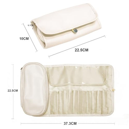 Folding Makeup Brush Bag,Travel Toiletry Bag with Separate Brush Compartment for Brushes & Skincare, Toothbrush Holder,Rollup & Open Flat cosmetic Organizer,Portable Waterproof &Hanging (white) - color: Cream white