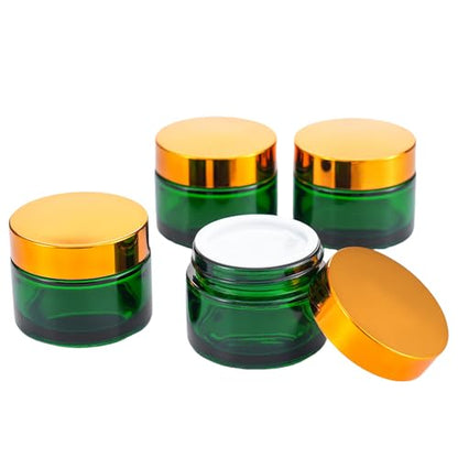 OverNews 4PCS 2oz Glass Jar Travel Size, Empty Cosmetic Lotion Container with Black Lid & Spatula, Small Mini Jar for Beauty (Green) - color: Green, size: 4