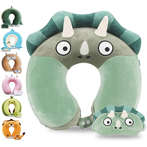 Sexysamba Cartoon Headrest & Neck Pillow for Kids Boys & Girls, Teens, Travel Accessories for Airplane, Car, Recline, Memory Foam Cute Travel Pillow with Sleep Eye Mask - Green Triceratops - color: Green Triceratops