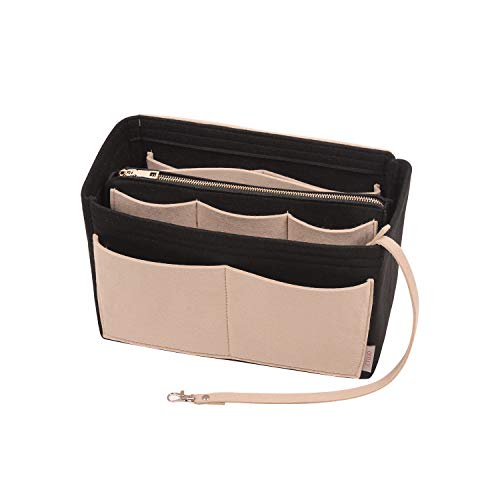ZTUJO Purse Organizer Insert, Felt Bag Organizer with Metal Zipper, Handbag & Tote Shaper, For Speedy Neverfull Tote, 7 Sizes - color: Beige and Black, size: Slender Medium