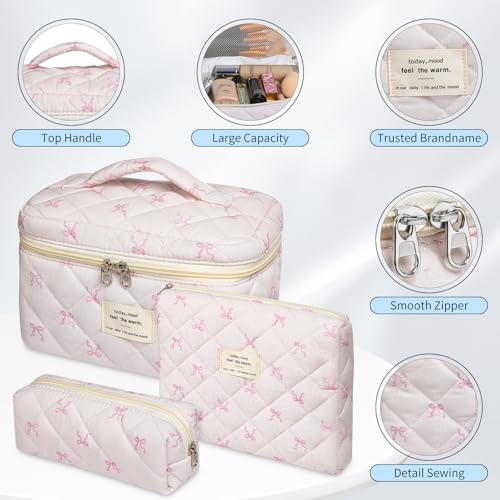 senbowe Floral Makeup Bag, 3 Pack Large Cotton Quilted Makeup Bag Set, Cute Floral Coquette Aesthetic Toiletry Bag Make Up Cosmetic Bag for Women, Toiletry Travel Make Up Organizer Bag - color: Light Pink Bow