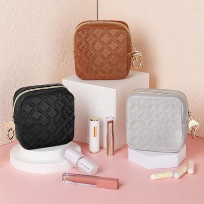 4.9" Small Makeup Bag, Quilted PU Leather Mini Cosmetic Bag for Purse, Portable Small Travel Makeup Pouch for Daily Use, Birthday/Wedding/Christmas Gifts (Quilted Checkered, Black) - color: Quilted Checkered Black-4.9 inch