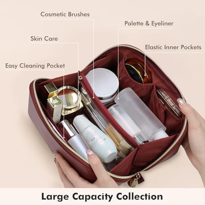 Prite Makeup Bag for Women Travel Waterproof Vegan Leather Cosmetic Bag Open Flat Toiletry Bag With Clear Divider and Handle (Dark Red, Medium) - color: Dark Red, size: Medium