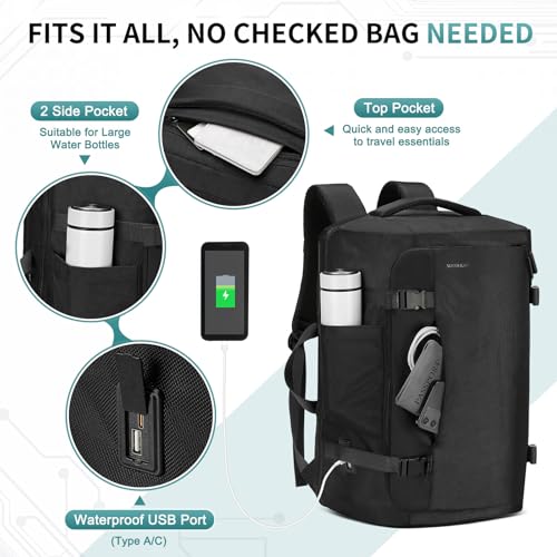 40L Travel Backpack, TSA Friendly Flight Approved Carry on Backpack for Men Women, Fits 17.3 Inch Laptop with USB-A&C Ports, Weekender Bag, Black - color: Black