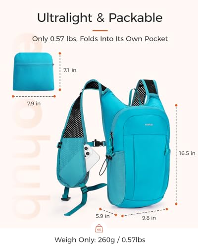 ECOHUB 15L Lightweight Packable Hiking Backpack for Travel, Small Daypack with Chest Strap & Phone Pocket, Water Resistant Foldable Backpack for Men Women - color: Pacific Teal