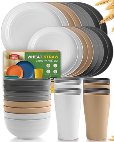 Teivio 32-Piece Kitchen Plastic Wheat Straw Dinnerware Set, Service for 8, Unbreakable Plates, Bowls and Cups Set, Farmhouse Outdoor Camping Dishes for Rustic Life/Country/Vintage, Country - color: Country