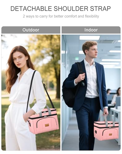 Rnivvi Lunch Box for Women, Double Decker Insulated Cooler Bag Lunch Bag Reusable Leakproof Tote Lunch Container with Strap for Work Family Picnic Hiking Camping, 18 Cans 12L, Large Adults, Rose Pink - color: Rose Pink