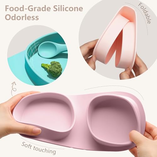 Silicone Foldable Novelty Dinner Plates, Baby Plates Travel Essential with Forks and Spoons, Microwave & Dishwasher Safe, Matte Pink - color: Matte Pink, style: No-Suction